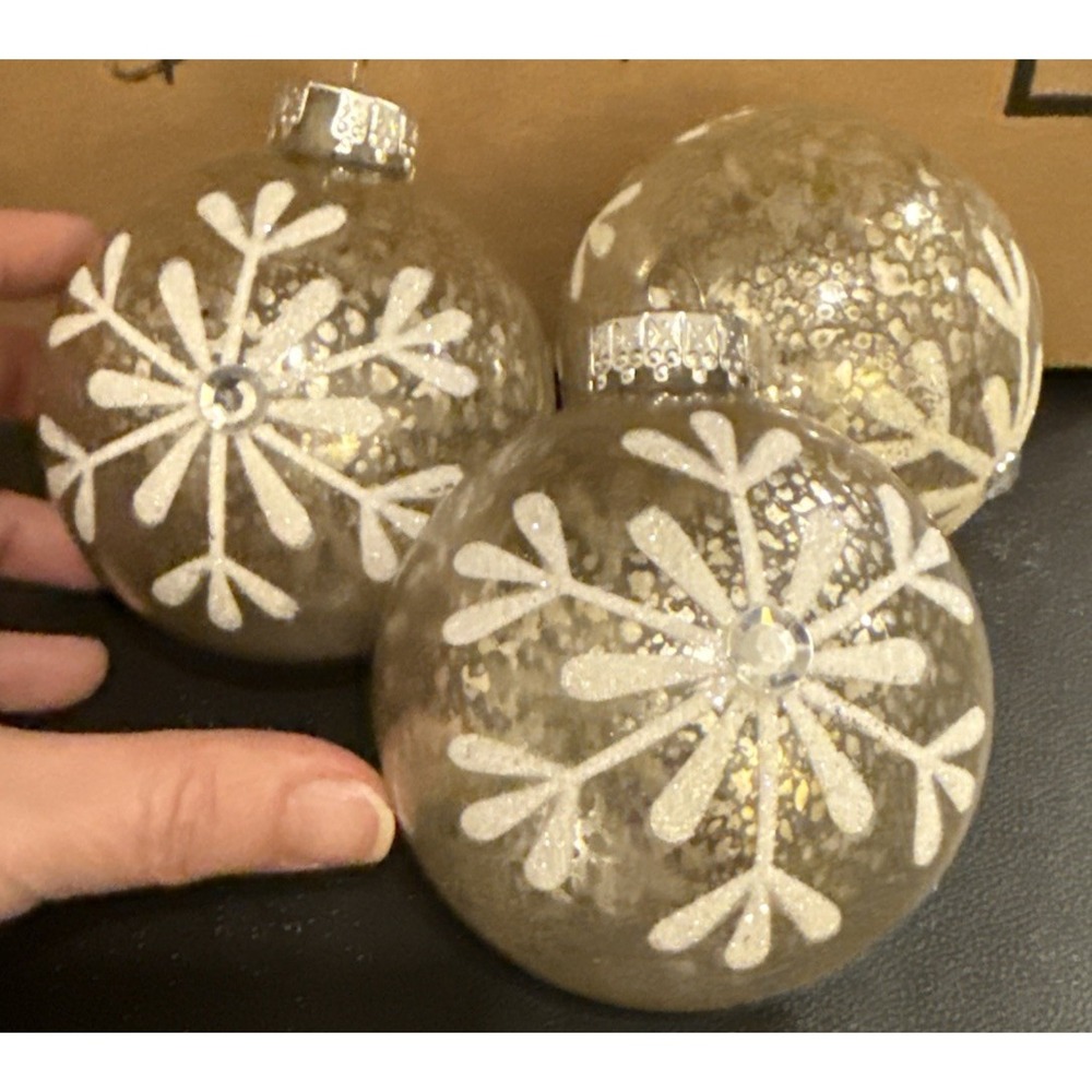 Christmas Silver Speckled Embellished Glitter Snowflake Glass Ornaments Set Of 3
